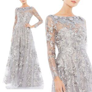Mac Duggal 67498 Womens Size 8 Gray‎ Silver Floral Long Sleeve Gown Maxi Dress